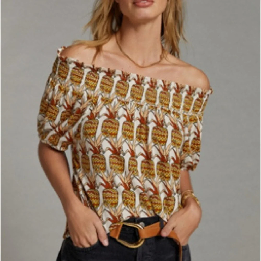 Anthropologie Porridge Printed Bow Back Top Pineapple New Off The Shoulder Small - Picture 3 of 9